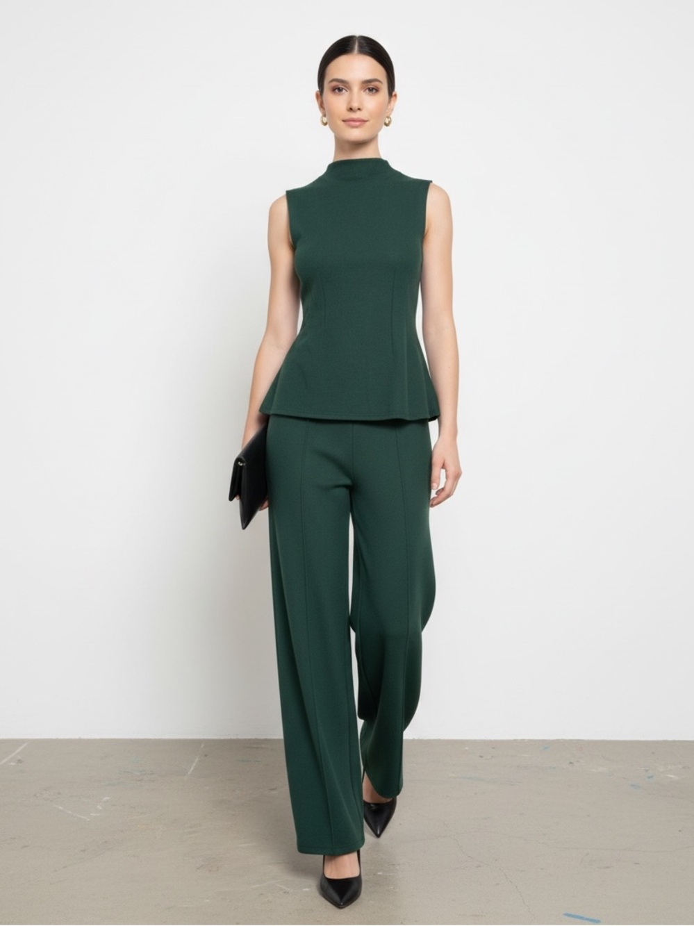 1616 • Deep Green Soft Brushed Sleeveless Contour Darted Peplum Pant Set